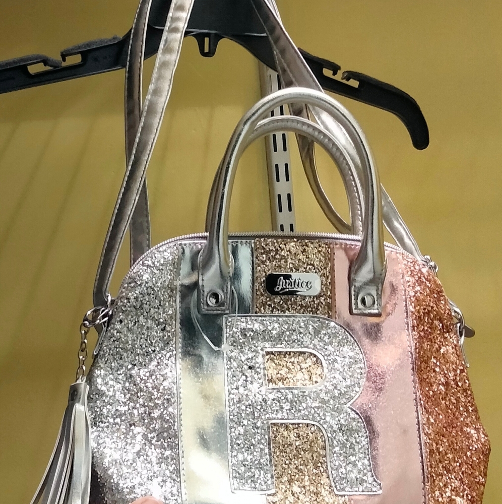 Justice Girl Initial R Glitter Stripe Crossbody Purse.
